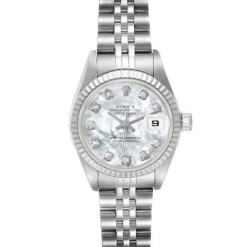 The image shows a Rolex Datejust 79174 Women's Stainless Steel Mother of Pearl Dial 79174 Women's Stainless Steel Mother of Pearl Dial model watch from a front angle, highlighting the dial, bezel, and part of the bracelet.