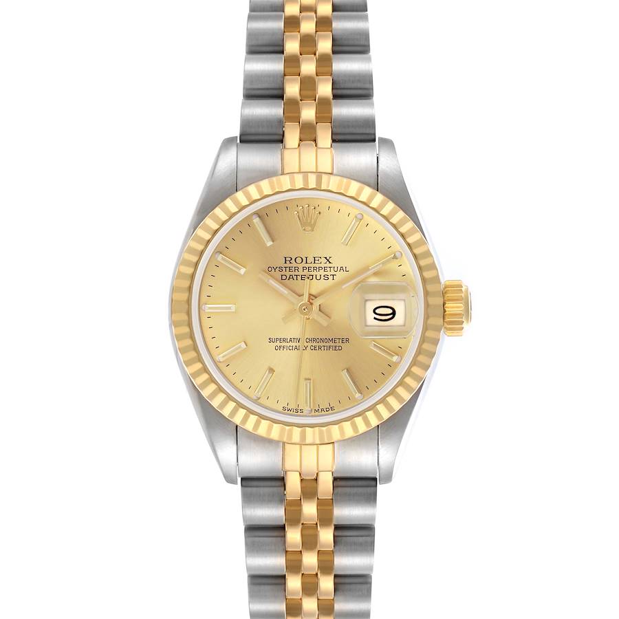 The Rolex Datejust 69173 Women's Steel and Gold (two tone) Champagne Dial 69173 Women's Steel and Gold (two tone) Champagne Dial is shown front-facing, displaying its dial, bezel, and two-tone bracelet.