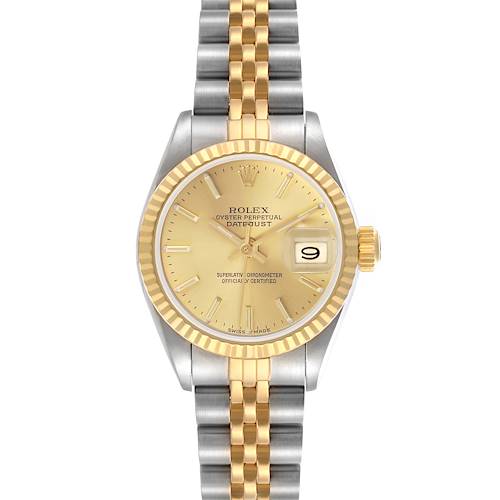 The Rolex Datejust 69173 Women's Steel and Gold (two tone) Champagne Dial 69173 Women's Steel and Gold (two tone) Champagne Dial watch is shown from the front, highlighting the dial, bezel, and two-tone bracelet.