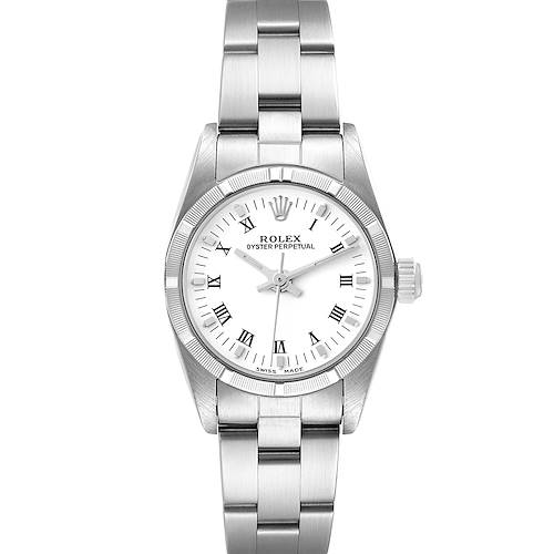 This image shows a frontal view of the Rolex Oyster Perpetual 76030 Women's Stainless Steel White Dial 76030 Women's Stainless Steel White Dial watch, highlighting its dial, hands, and bracelet.