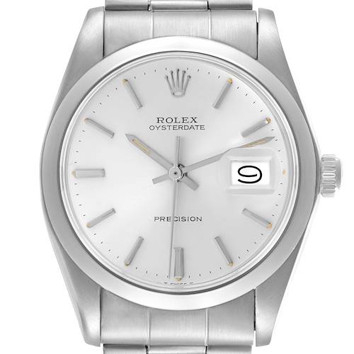 The Rolex Date 6694 Men's Stainless Steel Silver Dial 6694 Men's Stainless Steel Silver Dial model is shown from a front view, highlighting the dial, hands, markers, and date window at 3 o'clock.