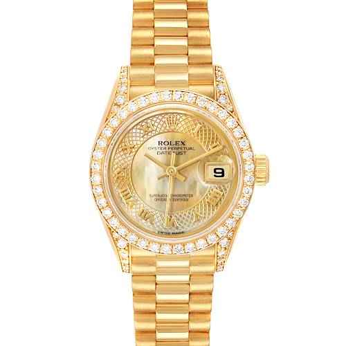 This Rolex President 69238 Women's Yellow Gold Mother of Pearl Dial 69238 Women's Yellow Gold Mother of Pearl Dial model watch is shown from a straight-on angle, featuring its gold bracelet, diamond bezel, and dial with a date display.