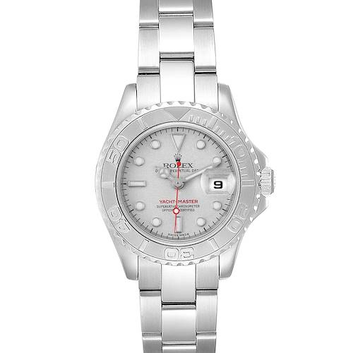 This Rolex Yacht-Master 169622 Women's Stainless Steel Silver Dial 169622 Women's Stainless Steel Silver Dial watch is shown from a front view, highlighting its face, bezel, and stainless steel bracelet.