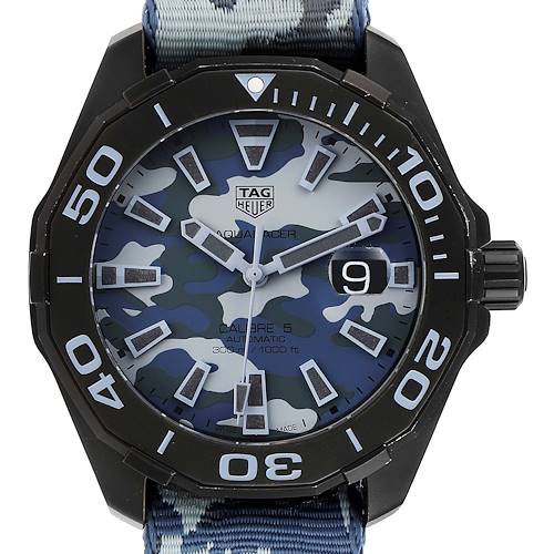 This image showcases a frontal view of the Tag Heuer Aquaracer WAY208D.FC8221 Men's Titanium Blue Dial WAY208D.FC8221 Men's Titanium Blue Dial watch with a camo dial and black bezel.