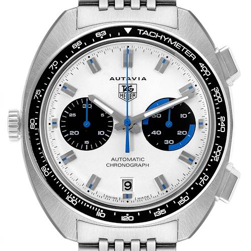 The image shows a frontal view of the dial of the Tag Heuer Autavia CY2110 Men's Stainless Steel White Dial CY2110 Men's Stainless Steel White Dial watch, highlighting the chronograph features and tachymeter.