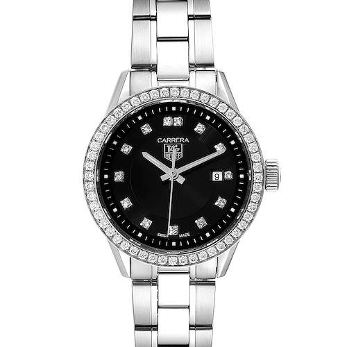 The image shows a front view of the Tag Heuer Carrera WV2412.BA0793 Women's Stainless Steel Black Dial WV2412.BA0793 Women's Stainless Steel Black Dial watch, displaying its face, bezel, and part of the bracelet.