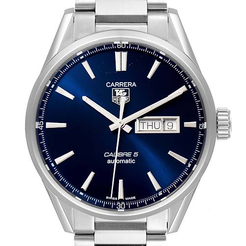 The image shows a frontal view of a Tag Heuer Carrera WAR201E.BA0723 Men's Stainless Steel Blue Dial WAR201E.BA0723 Men's Stainless Steel Blue Dial watch, highlighting the dial, hands, and date display.