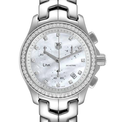 This image shows a front view of a Tag Heuer Link CJF1314 Women's Stainless Steel Mother of Pearl Dial CJF1314 Women's Stainless Steel Mother of Pearl Dial watch, highlighting its face, bezel, crown, and part of the bracelet.