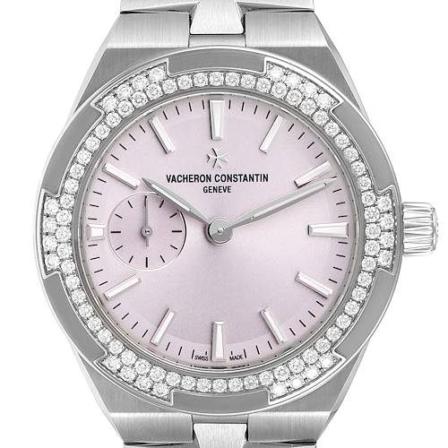 This image shows a Vacheron Constantin Overseas 2305V/100A-B078 Women's Stainless Steel Pink Dial 2305V/100A-B078 Women's Stainless Steel Pink Dial watch from a front angle, highlighting the dial, diamond bezel, and part of the bracelet.