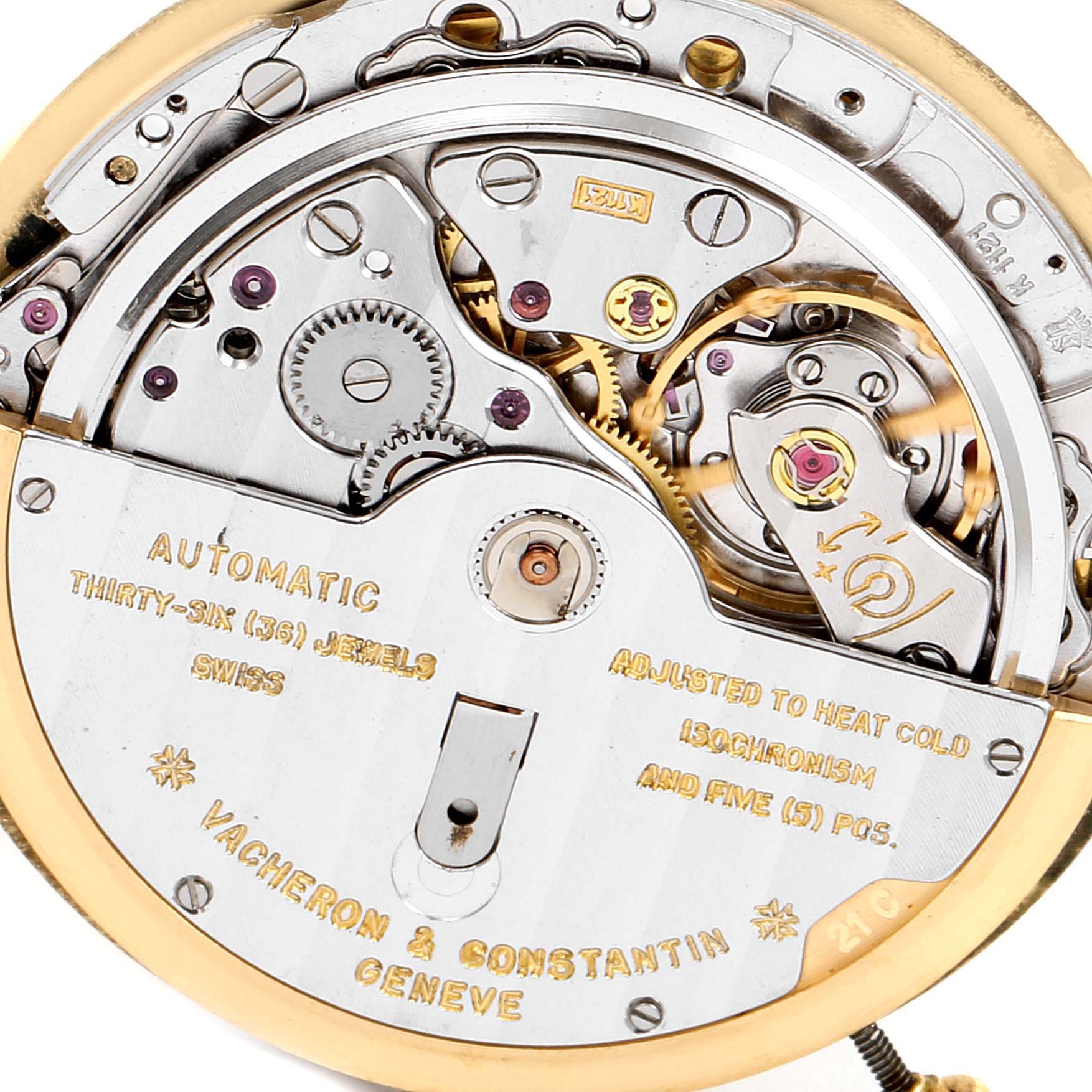 This image shows the intricate internal mechanism and details of the Vacheron Constantin Patrimony 44012 Men's Yellow Gold Champagne Dial 44012 Men's Yellow Gold Champagne Dial watch from a close-up angle.