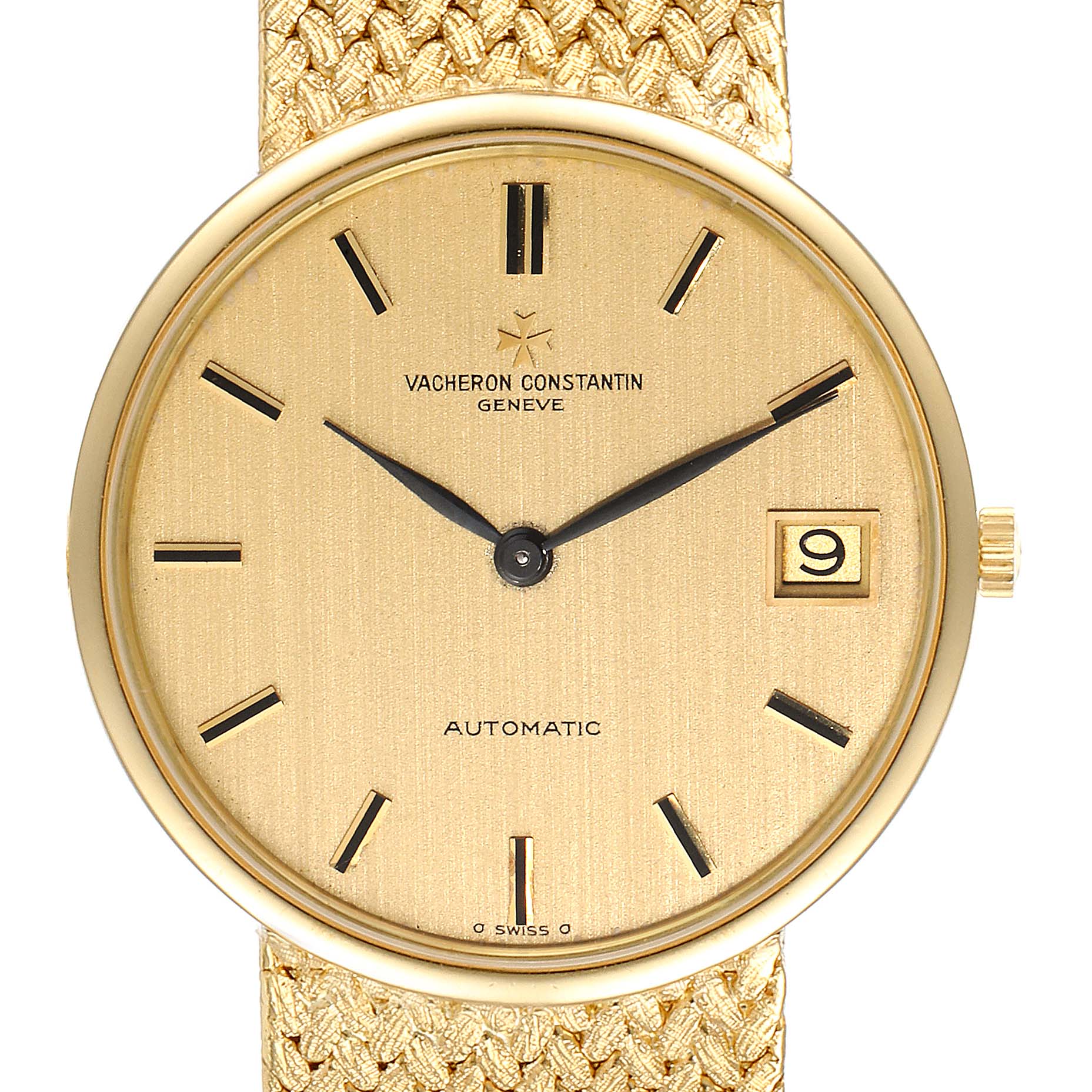 The image shows a front view of the Vacheron Constantin Patrimony 44012 Men's Yellow Gold Champagne Dial 44012 Men's Yellow Gold Champagne Dial watch, highlighting the dial, hands, and date window.