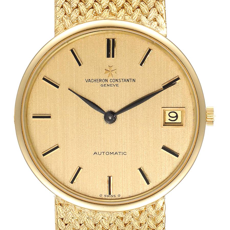 The image shows a front view of the Vacheron Constantin Patrimony 44012 Men's Yellow Gold Champagne Dial 44012 Men's Yellow Gold Champagne Dial watch, highlighting the dial, hands, and date window.