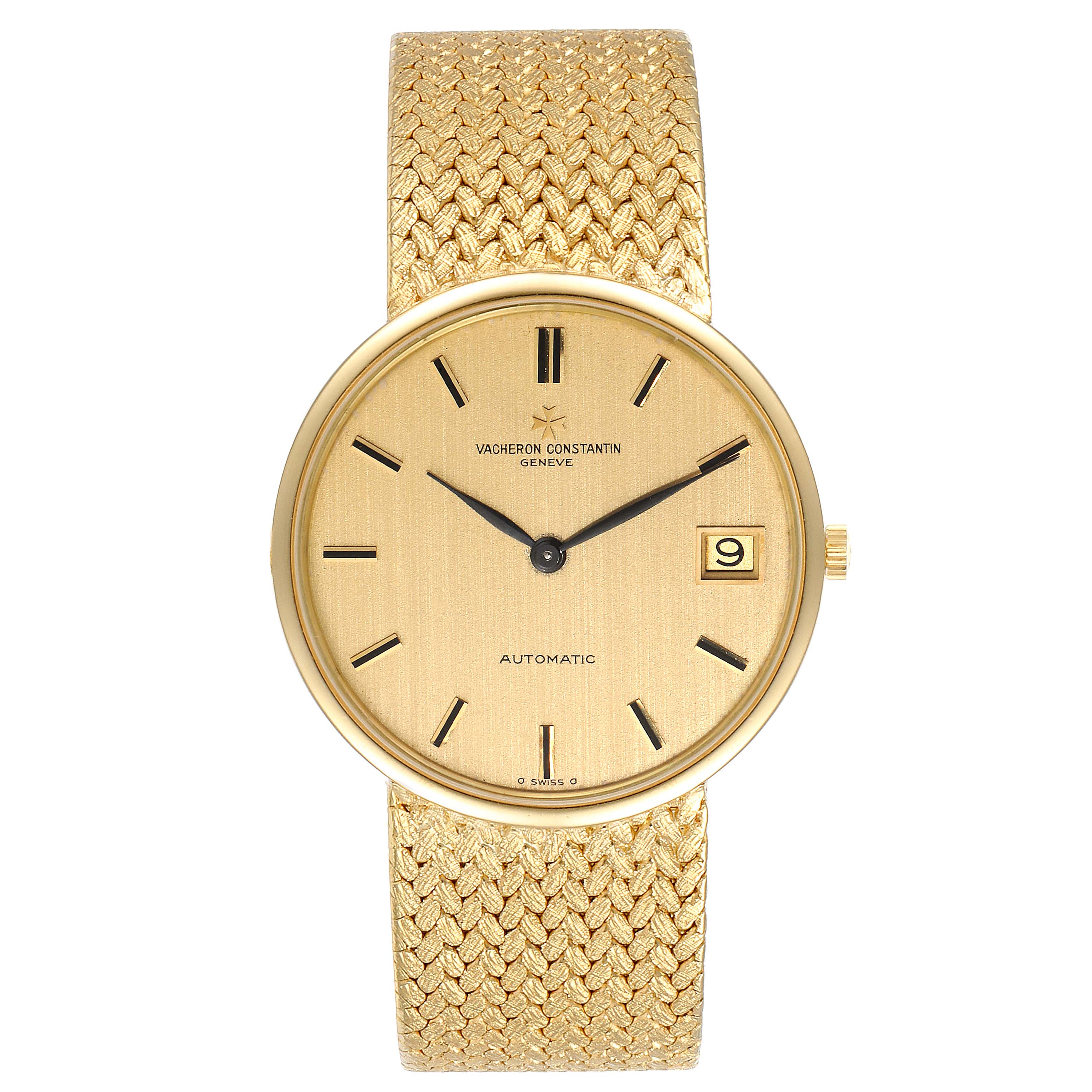 This image shows a front view of the Vacheron Constantin Patrimony 44012 Men's Yellow Gold Champagne Dial 44012 Men's Yellow Gold Champagne Dial watch, featuring its dial, bezel, crown, and strap.