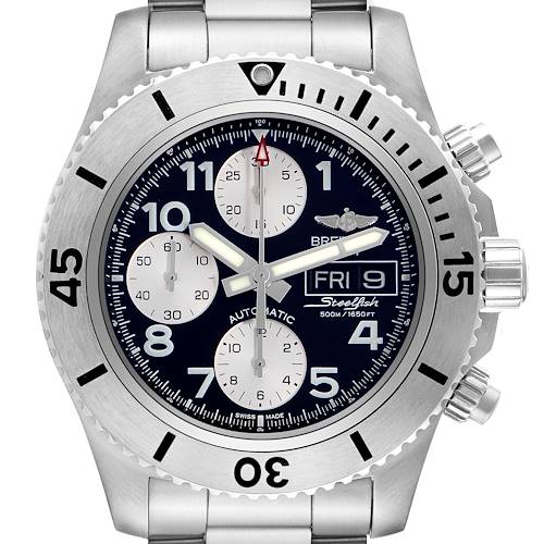 The Breitling Bentley A13341 Men's Stainless Steel Black Dial A13341 Men's Stainless Steel Black Dial watch is shown from a front angle, displaying the dial, bezel, subdials, and date indicators.