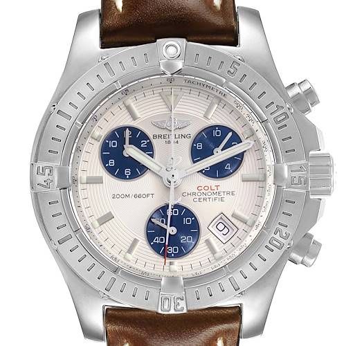 The Breitling Colt A73380 Men's Stainless Steel Silver Dial A73380 Men's Stainless Steel Silver Dial watch is shown from a frontal angle, highlighting the dial, chronograph subdials, bezel, and leather strap.