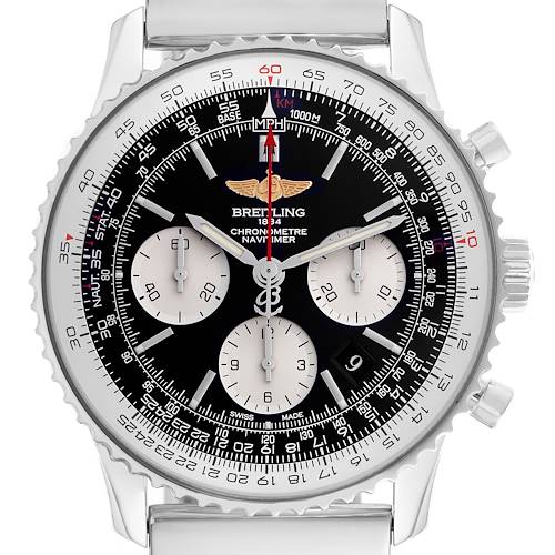 The Breitling Navitimer AB0120 Men's Stainless Steel Black Dial AB0120 Men's Stainless Steel Black Dial watch is shown from the front, featuring its bezel, subdials, and chronograph hands.
