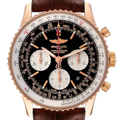 The image shows a frontal close-up of a Breitling Navitimer RB0120 Men's Rose Gold Black Dial RB0120 Men's Rose Gold Black Dial watch, featuring its dial, chronograph sub-dials, and bezel.