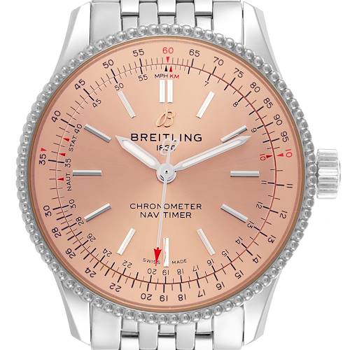 The Breitling Navitimer A17395 Men's Stainless Steel Pink Dial A17395 Men's Stainless Steel Pink Dial watch is shown from a front angle, highlighting its dial, bezel, and stainless steel bracelet.