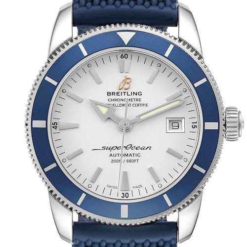 The Breitling Superocean A17321 Men's Stainless Steel Silver Dial A17321 Men's Stainless Steel Silver Dial watch is shown from a front angle, highlighting its blue bezel, dial, and crown.