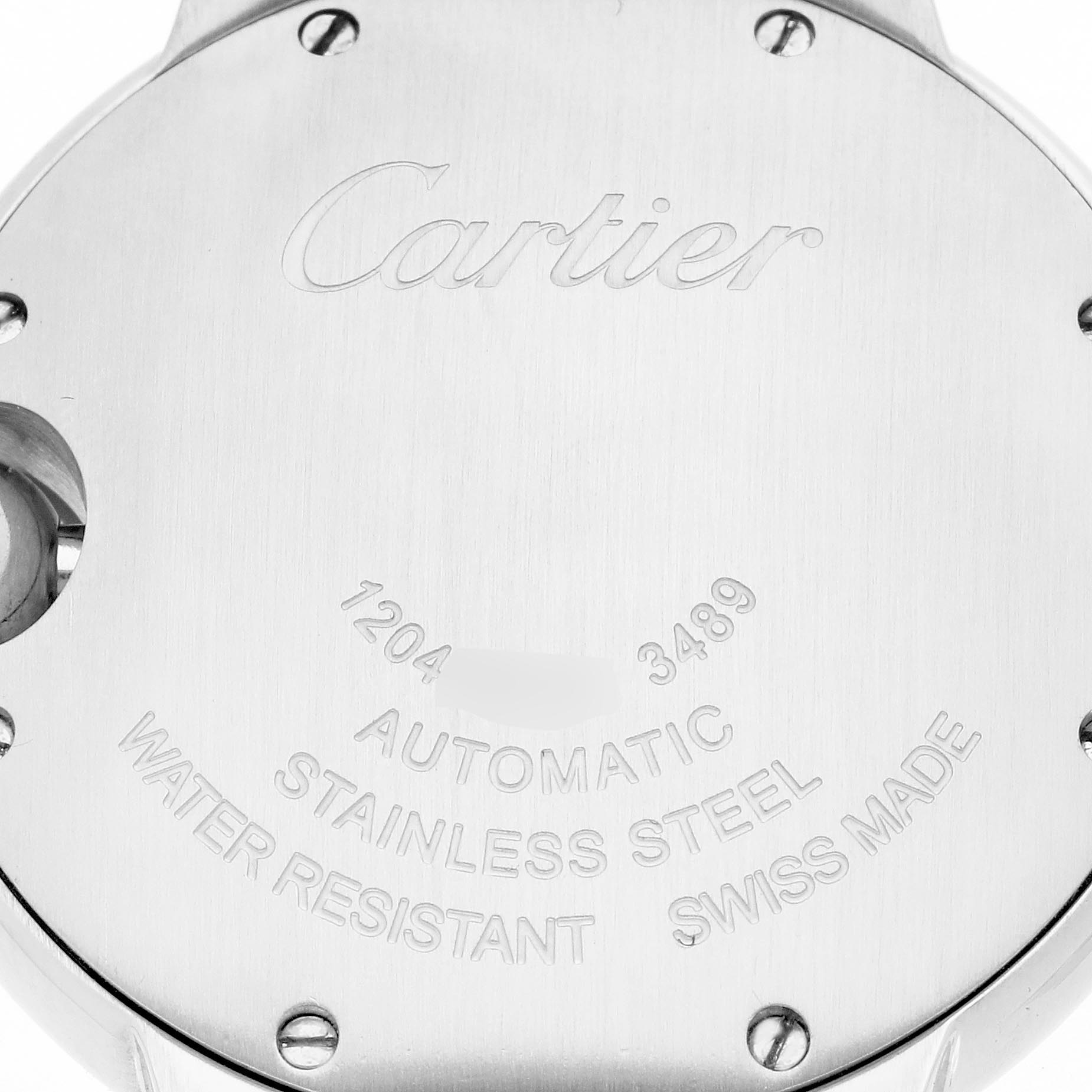 This image shows the back case of a Cartier Ballon Bleu W6920071 Women's Stainless Steel Silver Dial W6920071 Women's Stainless Steel Silver Dial watch, highlighting its engravings and screws.