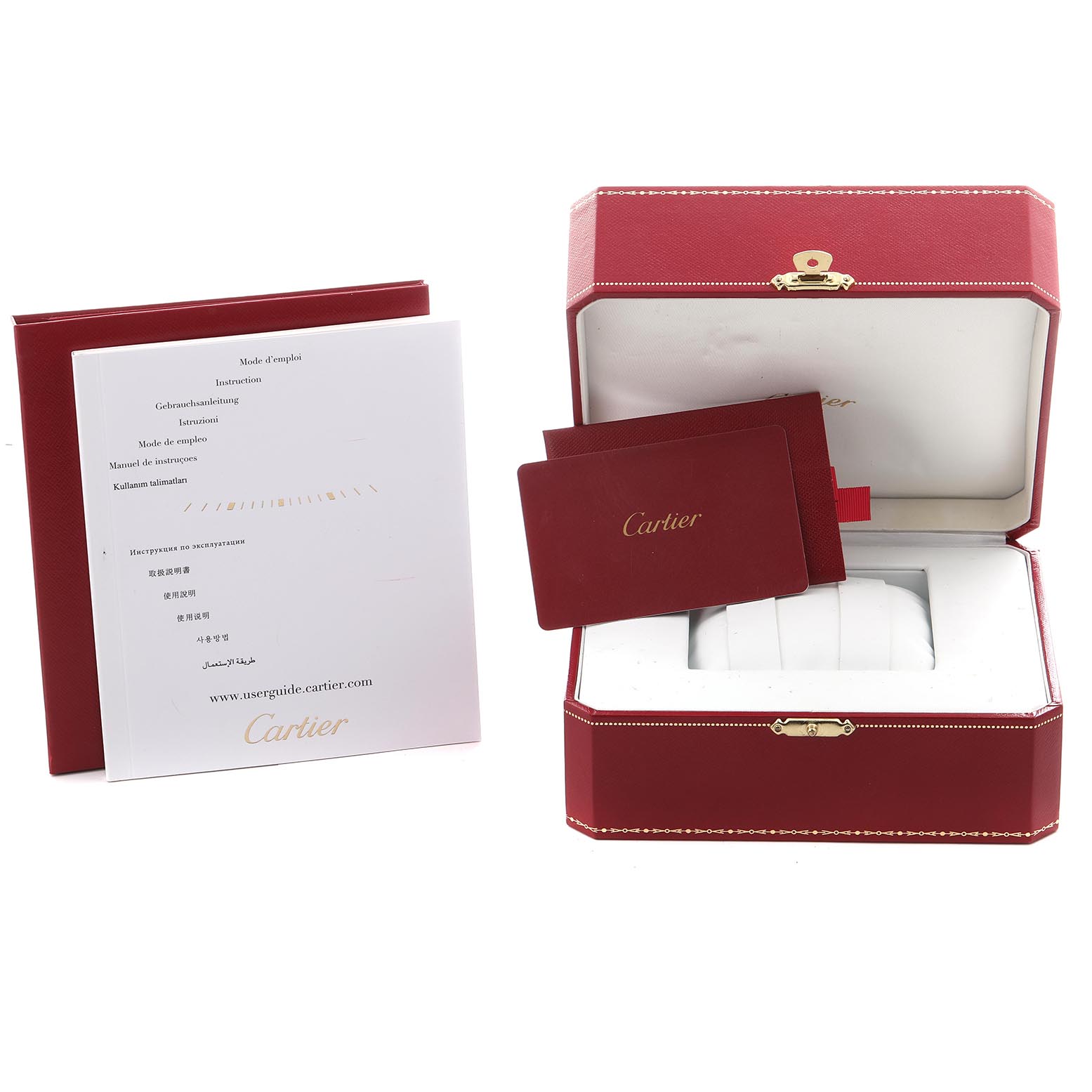 The image shows a Cartier Ballon Bleu W6920071 Women's Stainless Steel Silver Dial W6920071 Women's Stainless Steel Silver Dial watch box, instruction manuals, and a card, all from a front angle.