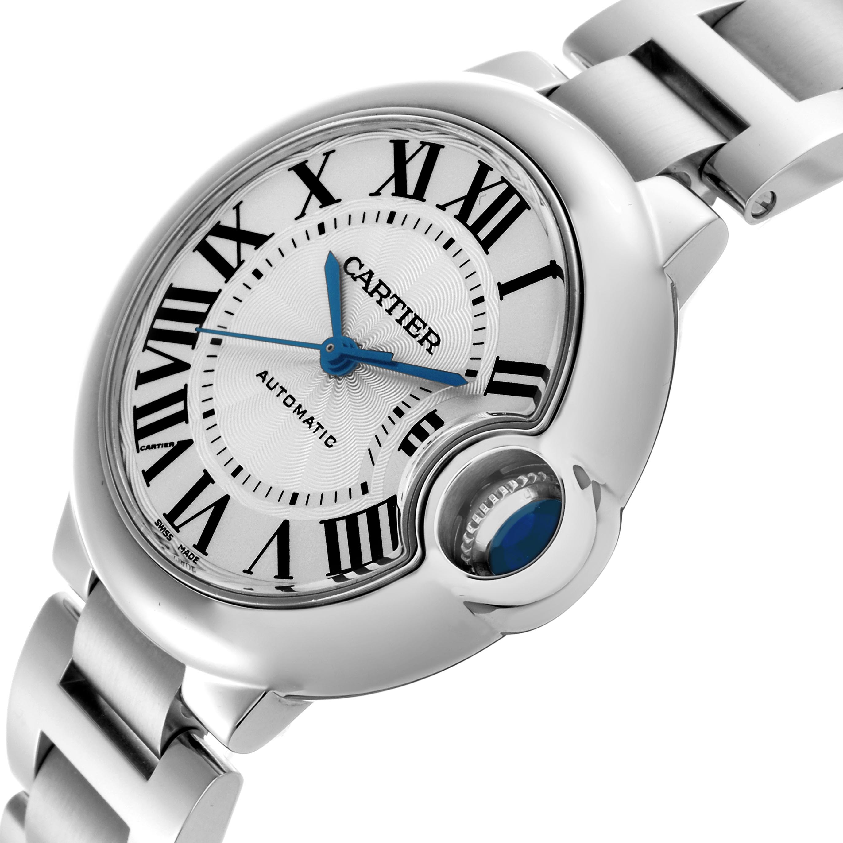 The Cartier Ballon Bleu W6920071 Women's Stainless Steel Silver Dial W6920071 Women's Stainless Steel Silver Dial watch is shown at an angled side view, highlighting its round case, crown with a blue cabochon, and part of the bracelet.