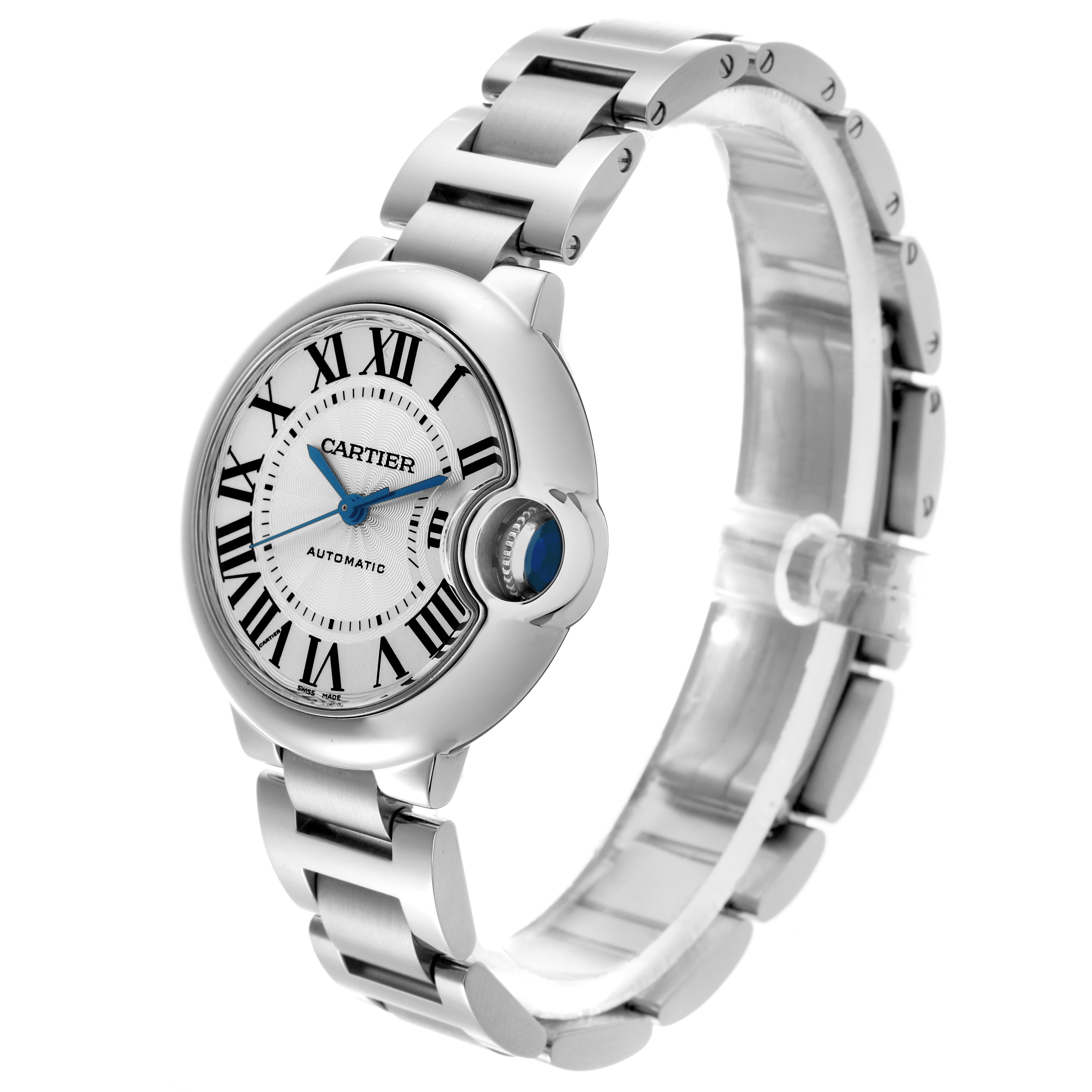 The Cartier Ballon Bleu W6920071 Women's Stainless Steel Silver Dial W6920071 Women's Stainless Steel Silver Dial watch is shown at a three-quarter angle, displaying the face, crown, and part of the bracelet.