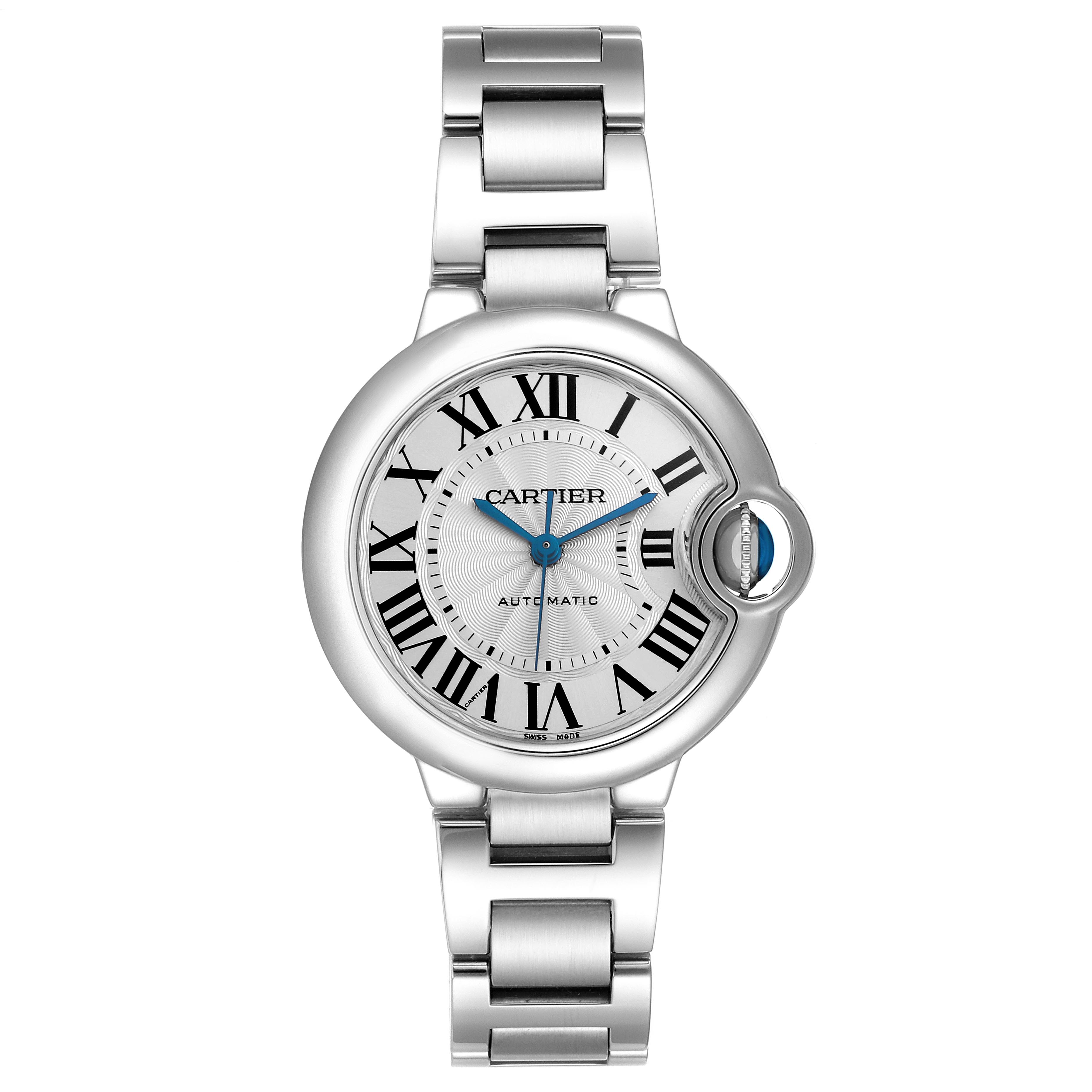 The Cartier Ballon Bleu W6920071 Women's Stainless Steel Silver Dial W6920071 Women's Stainless Steel Silver Dial watch is shown from the front, highlighting its silver dial, Roman numerals, and metal bracelet.