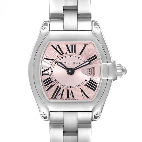 This image shows a Cartier Roadster W62017V3 Women's Stainless Steel Pink Dial W62017V3 Women's Stainless Steel Pink Dial watch from a straight-on angle, featuring its dial, hands, bezel, crown, and part of the bracelet.