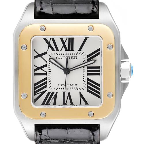 The Cartier Santos W20072X7 Men's Steel and Gold (two tone) Silver Dial W20072X7 Men's Steel and Gold (two tone) Silver Dial watch is shown from the front, highlighting the face, bezel, and part of the strap.