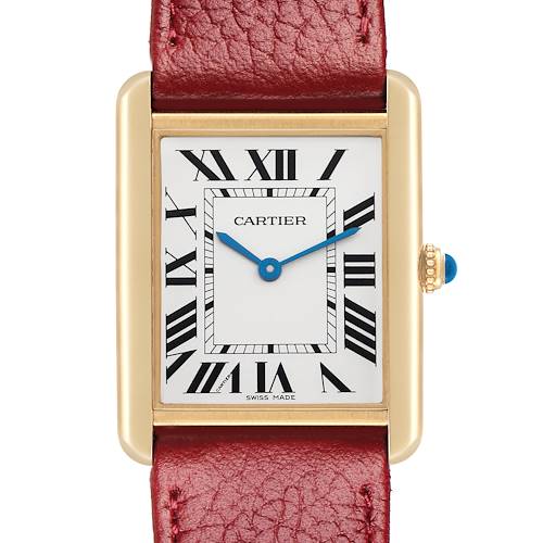 The Cartier Tank Solo W1018855 Men's Steel and Gold (two tone) Silver Dial watch is shown from a front angle, highlighting the dial, hands, and red leather strap.