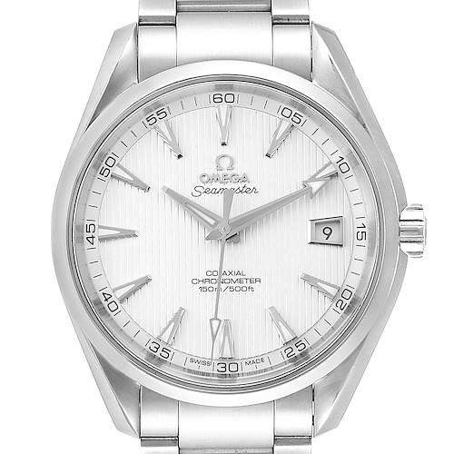 The Omega Aqua Terra 231.10.42.21.02.001 Men's Stainless Steel Silver Dial 231.10.42.21.02.001 Men's Stainless Steel Silver Dial watch is shown from a front angle, displaying its dial, hands, indices, and bracelet.