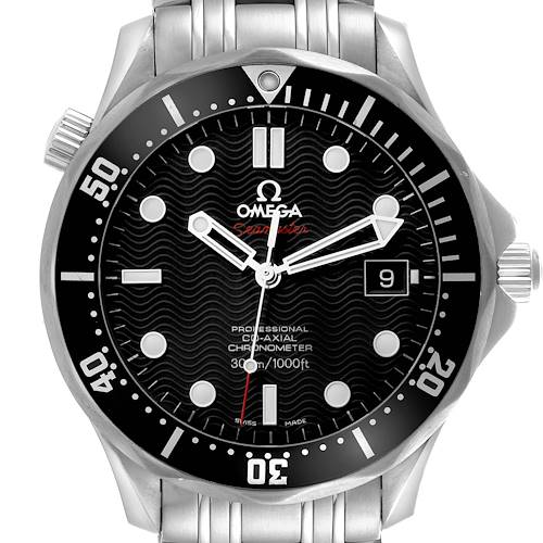 The Omega Seamaster 212.30.41.20.01.002 Men's Stainless Steel Black Dial 212.30.41.20.01.002 Men's Stainless Steel Black Dial watch is shown from the front, displaying the face, bezel, and partial bracelet.