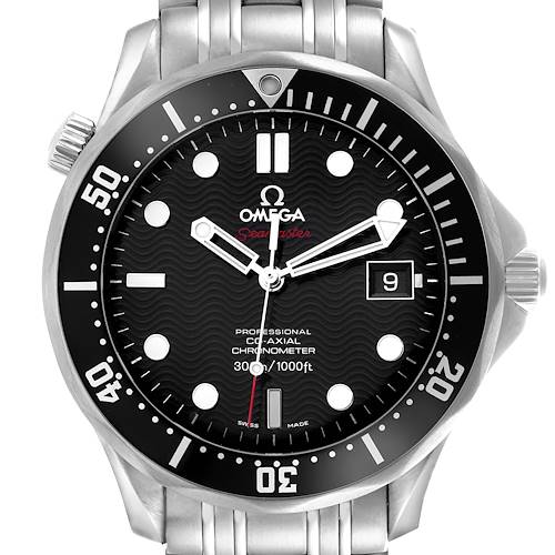 The Omega Seamaster 212.30.41.20.01.002 Men's Stainless Steel Black Dial 212.30.41.20.01.002 Men's Stainless Steel Black Dial watch is shown from a front angle, displaying the dial, bezel, crown, and part of the bracelet.