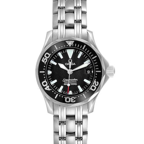 The Omega 2284.50.00 Women's Stainless Steel Black Dial 2284.50.00 Women's Stainless Steel Black Dial Seamaster Diver 300M 2284.50.00 is shown from a top view, highlighting the dial, bezel, bracelet, and crown.