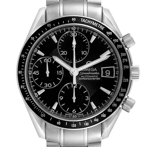 The Omega Speedmaster 3210.50.00 Men's Stainless Steel Black Dial 3210.50.00 Men's Stainless Steel Black Dial watch is shown from the front, displaying the dial, tachymeter bezel, and chronograph subdials.