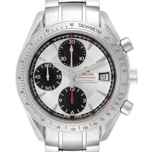 The image shows the front view of the Omega Speedmaster 3211.31.00 Men's Stainless Steel Silver Dial 3211.31.00 Men's Stainless Steel Silver Dial watch, highlighting its dial, tachymeter, date window, and subdials.