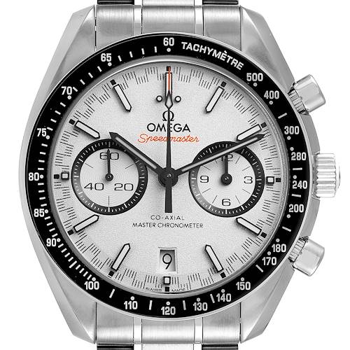 The image shows a head-on view of an Omega Speedmaster 329.30.44.51.04.001 Men's Stainless Steel White Dial 329.30.44.51.04.001 Men's Stainless Steel White Dial watch face and bezel, highlighting its dials and tachymeter scale.