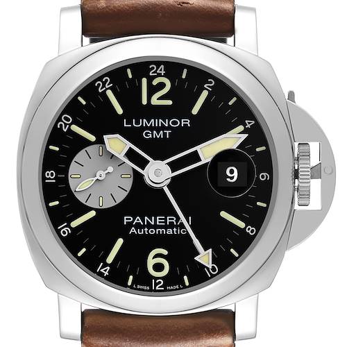 The Panerai Luminor PAM01088 Men's Stainless Steel Black Dial PAM01088 Men's Stainless Steel Black Dial watch is shown from a front angle, highlighting the dial, hands, date window, and part of the leather strap.