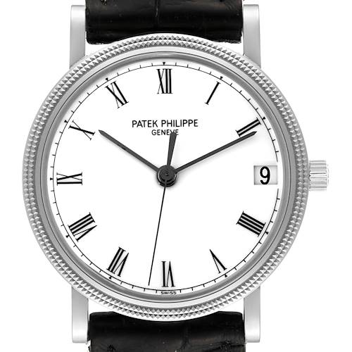 The image shows a front view of a Patek Philippe Calatrava 3802/200G-001 Men's White Gold White Dial 3802/200G-001 Men's White Gold White Dial watch, featuring its face, Roman numerals, and date display.