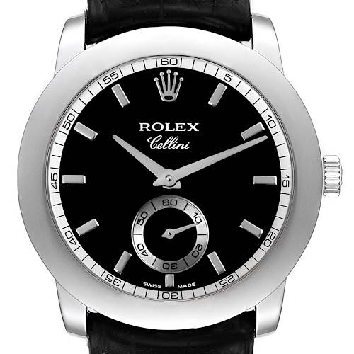 The Rolex Cellini 5241 Men's Platinum Black Dial 5241 Men's Platinum Black Dial watch is shown from the front, displaying the dial, hands, crown, and part of the leather strap.