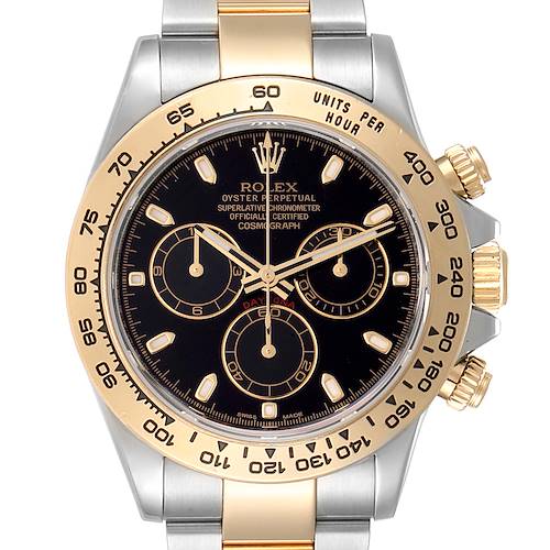 The image shows a front view of a Rolex Daytona 116503 Men's Steel and Gold (two tone) Black Dial 116503 Men's Steel and Gold (two tone) Black Dial watch, highlighting the bezel, dial, and part of the bracelet.