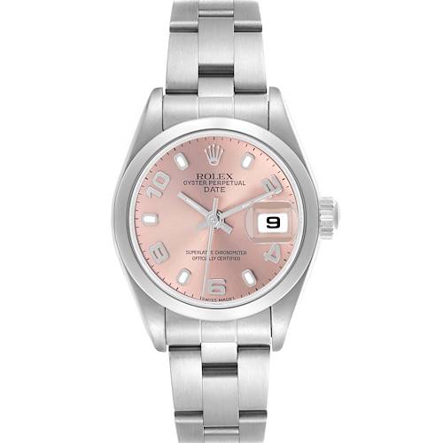 The Rolex Date 79160 Women's Stainless Steel Pink Dial 79160 Women's Stainless Steel Pink Dial model is shown from a front angle, featuring the dial, bezel, crown, and bracelet.