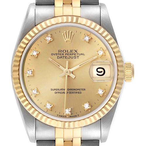 The Rolex Datejust Mid-Size watch is shown from the front, highlighting its gold dial, diamond markers, fluted bezel, and cyclops lens.