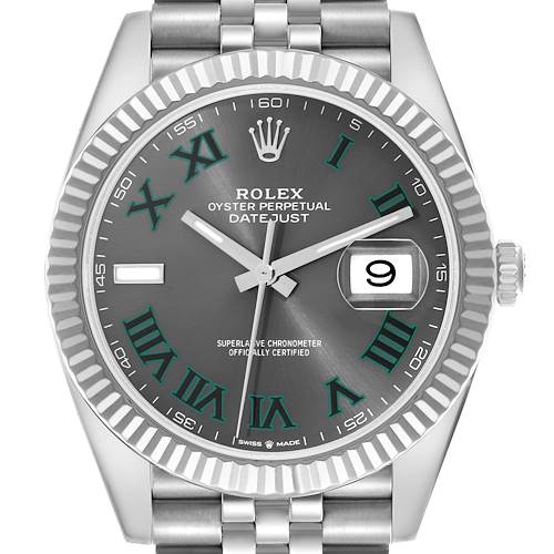 The Rolex Datejust 41 126334 Men's Stainless Steel Grey Dial 126334 Men's Stainless Steel Grey Dial watch is shown from a front angle, highlighting the dial, bezel, and part of the bracelet.