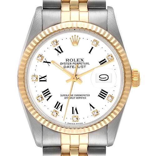The image shows a front angle of the Rolex Vintage Collection 16013 Men's Steel and Gold (two tone) White Dial 16013 Men's Steel and Gold (two tone) White Dial model Datejust watch, displaying the dial, hands, and part of the bracelet.