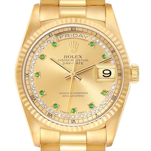 The image shows a front view of a Rolex President 18238 Men's Yellow Gold Champagne Dial 18238 Men's Yellow Gold Champagne Dial model watch, highlighting the dial, day-date windows, and part of the bracelet.