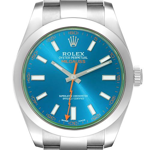 The image shows a frontal view of a Rolex Milgauss 116400GV Men's Stainless Steel Blue Dial 116400GV Men's Stainless Steel Blue Dial watch face and part of the stainless steel bracelet.
