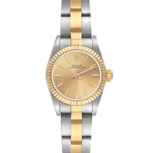 The Rolex Oyster Perpetual 67193 Women's Steel and Gold (two tone) Champagne Dial 67193 Women's Steel and Gold (two tone) Champagne Dial watch is shown from a top-down angle, highlighting the dial, bezel, crown, and two-tone bracelet.