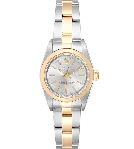 The image shows a front view of a Rolex Oyster Perpetual 76183 Women's Steel and Gold (two tone) Silver Dial 76183 Women's Steel and Gold (two tone) Silver Dial watch, highlighting its dial, bezel, and bracelet.